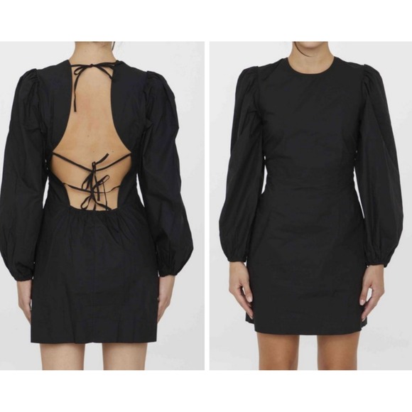 GANNI Cotton Poplin Open Back Mini Dress Womens 4 Black Puff Sleeve Party Bow - Picture 1 of 16